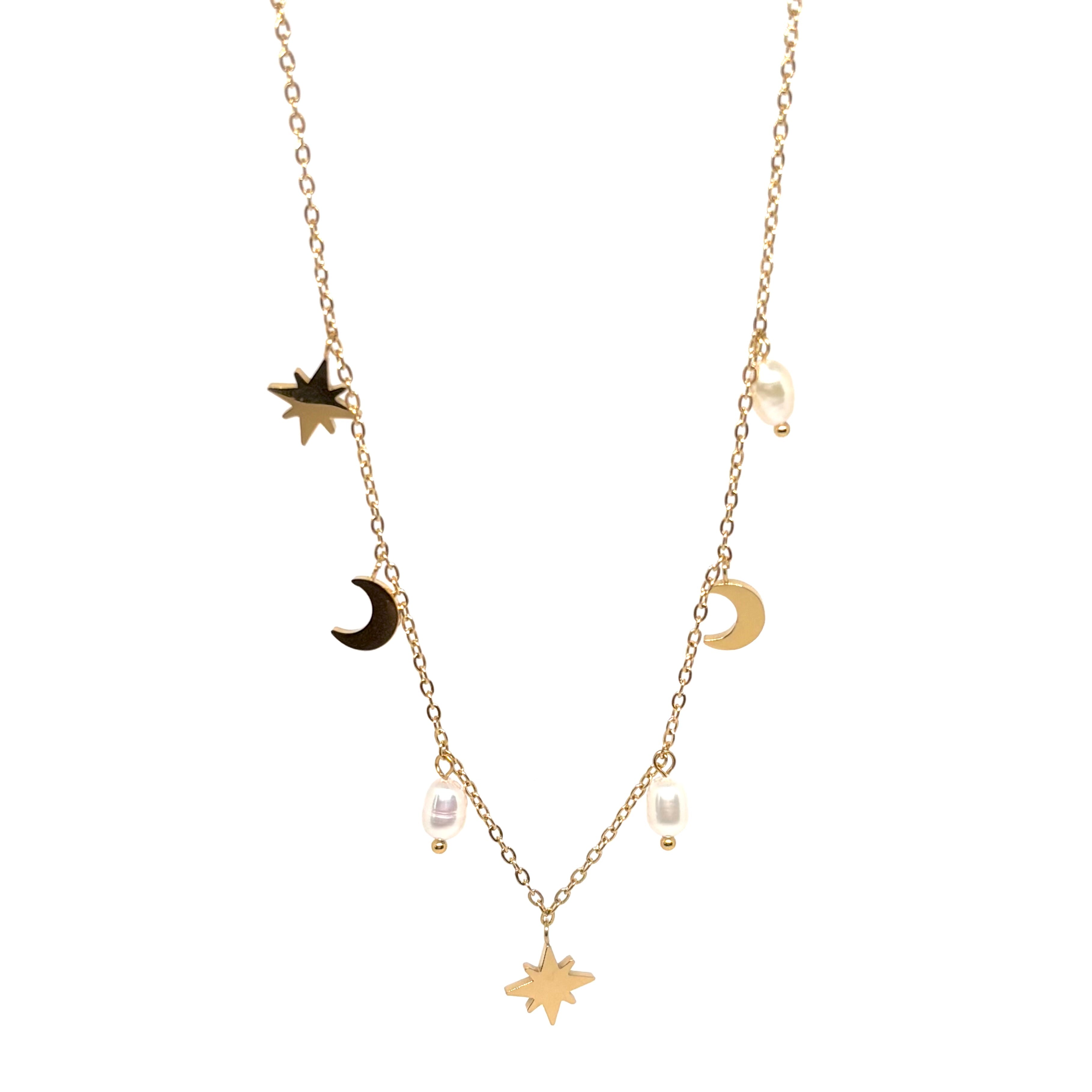 collier femme en acier inoxydable doré avec pendentifs astres (étoile et lune) et perles blanches, chaîne réglable, bijou mode tendance à offrir